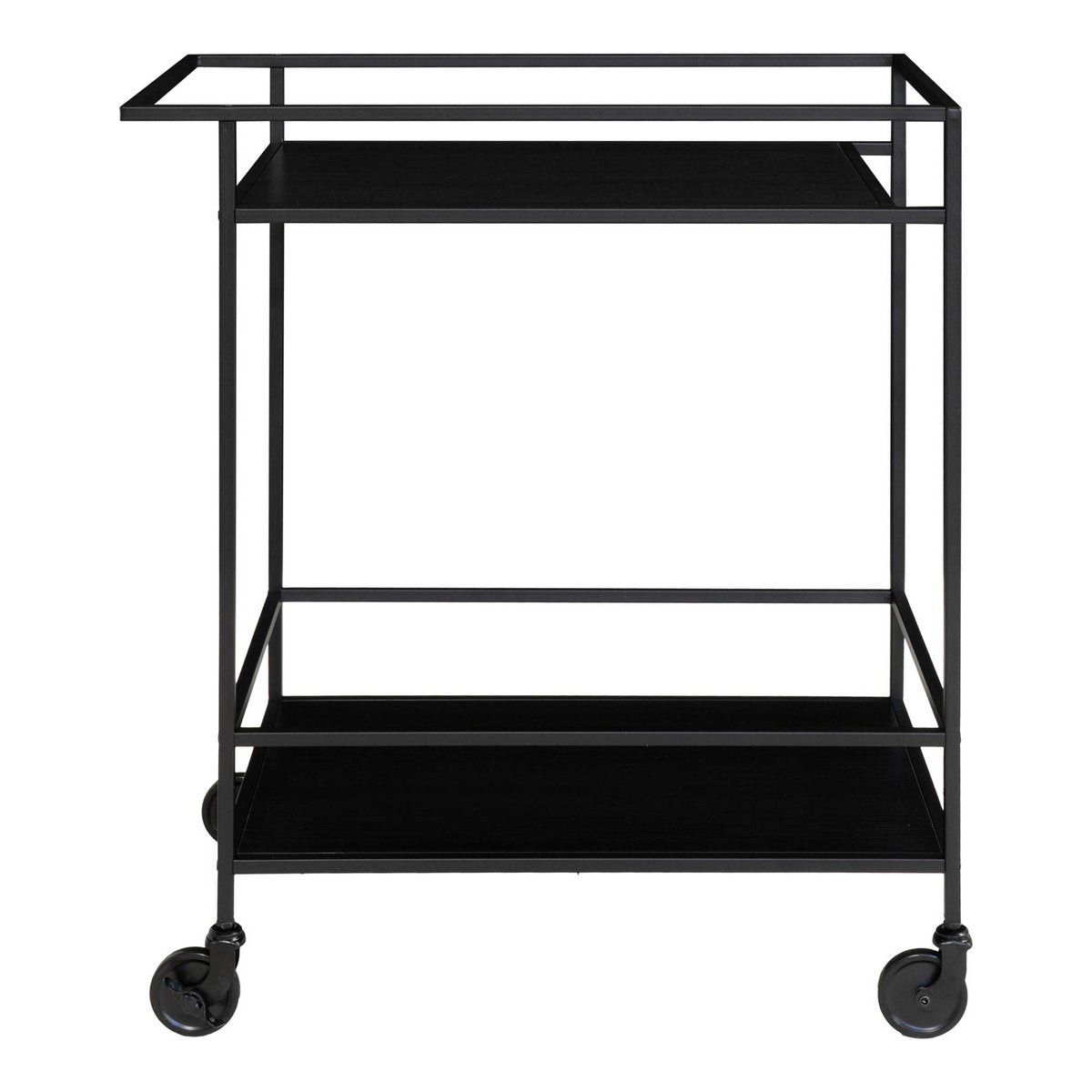 Bar cart zwart staal achteraanzicht, trolley op wielen met twee planken