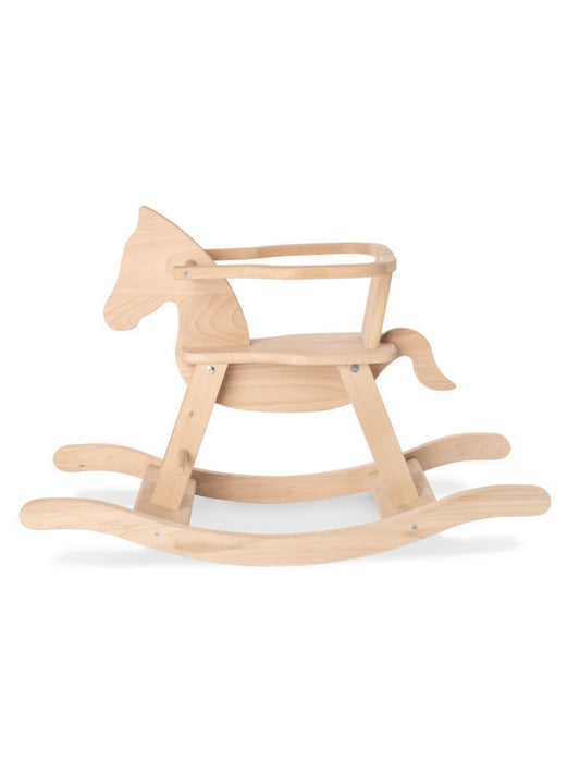 Beige houten hobbelpaard met veiligheidsbeugel, een klassiek en tijdloos speelgoedstuk dat zorgt voor uren speelplezier. Perfect als decoratief accent in de kinderkamer of als duurzaam cadeau voor jonge kinderen.