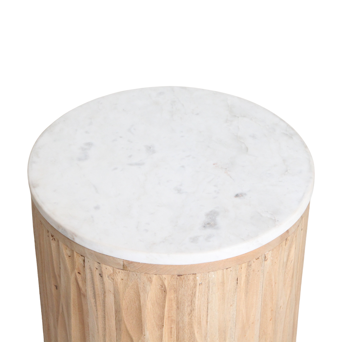 Bijzettafel marmer en hout wit rond Malakka schuin van boven