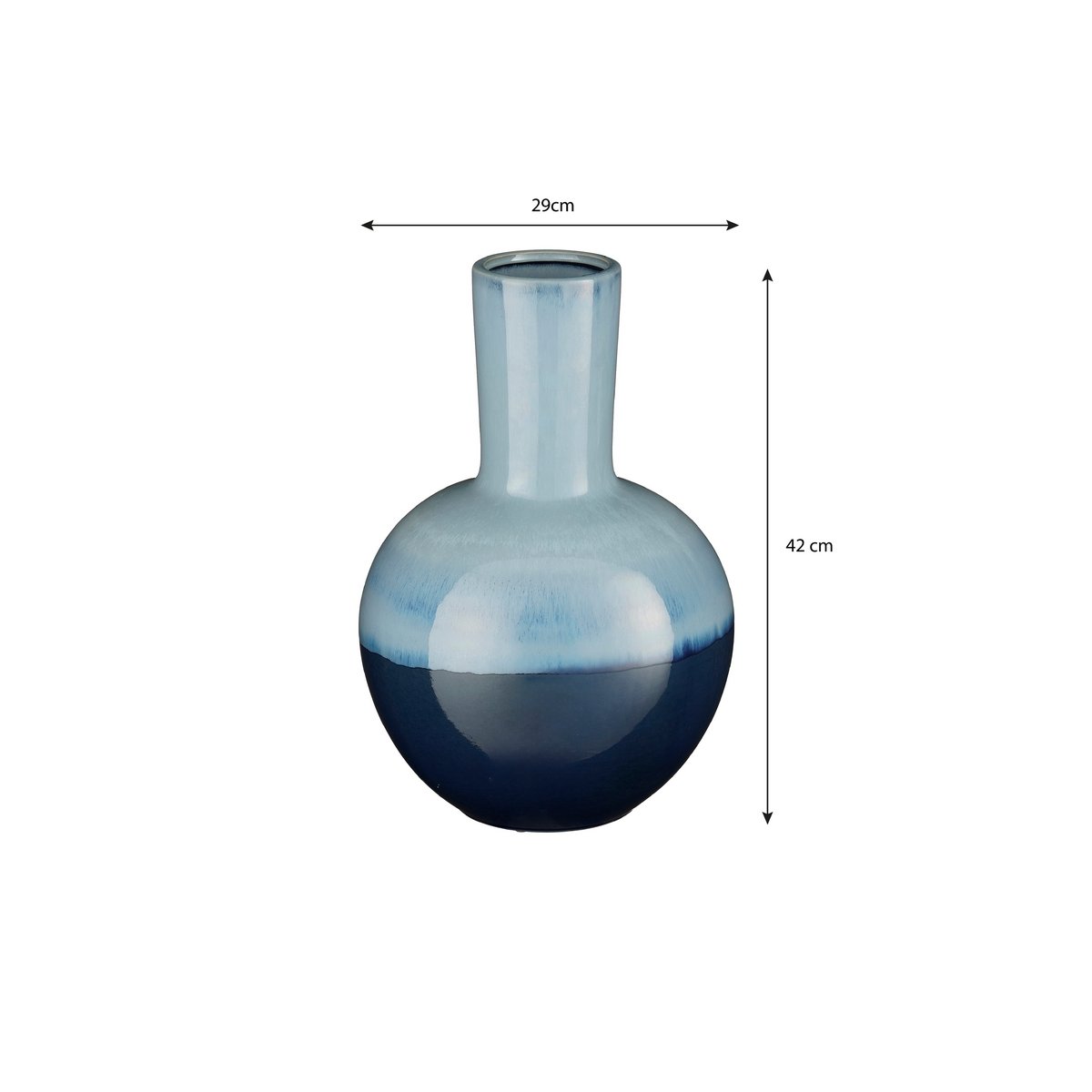 Afmetingen van een blauwe keramieken vaas met een diepe uitstraling. Perfect om gedroogde bloemen of takken in te plaatsen, maar ook prachtig als los decoratief object. De diepe tinten en matte afwerking brengen een rustieke en mediterrane sfeer in elk interieur.
