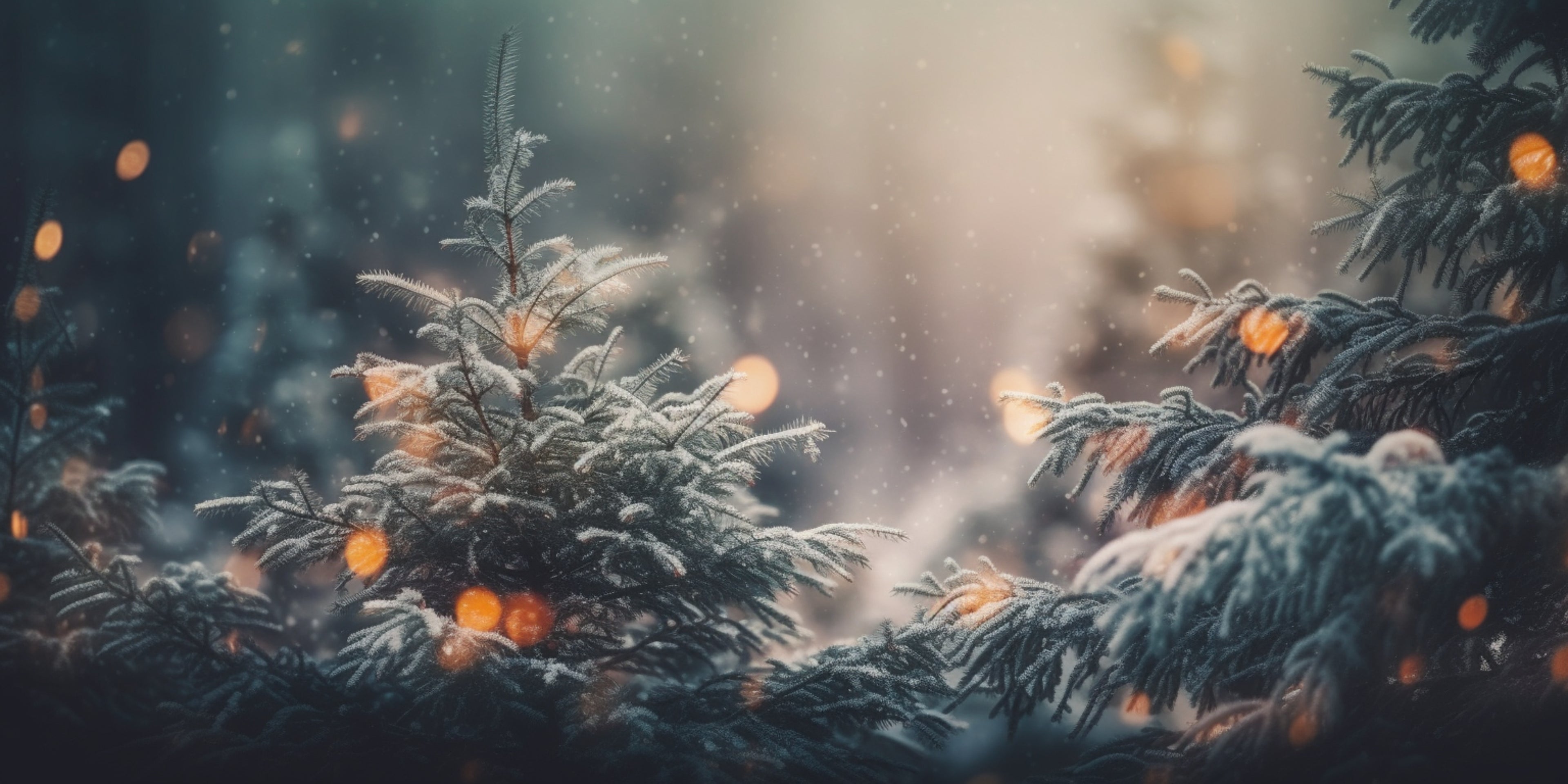 Detail van een natuurlijke kerstdecoratie met dennentakken, dennenappel en gouden kerstbal, sfeervol verlicht met warme lichtjes — inspiratie voor een rustige, stijlvolle kerst en natuurlijke woonaccessoires van Luben.