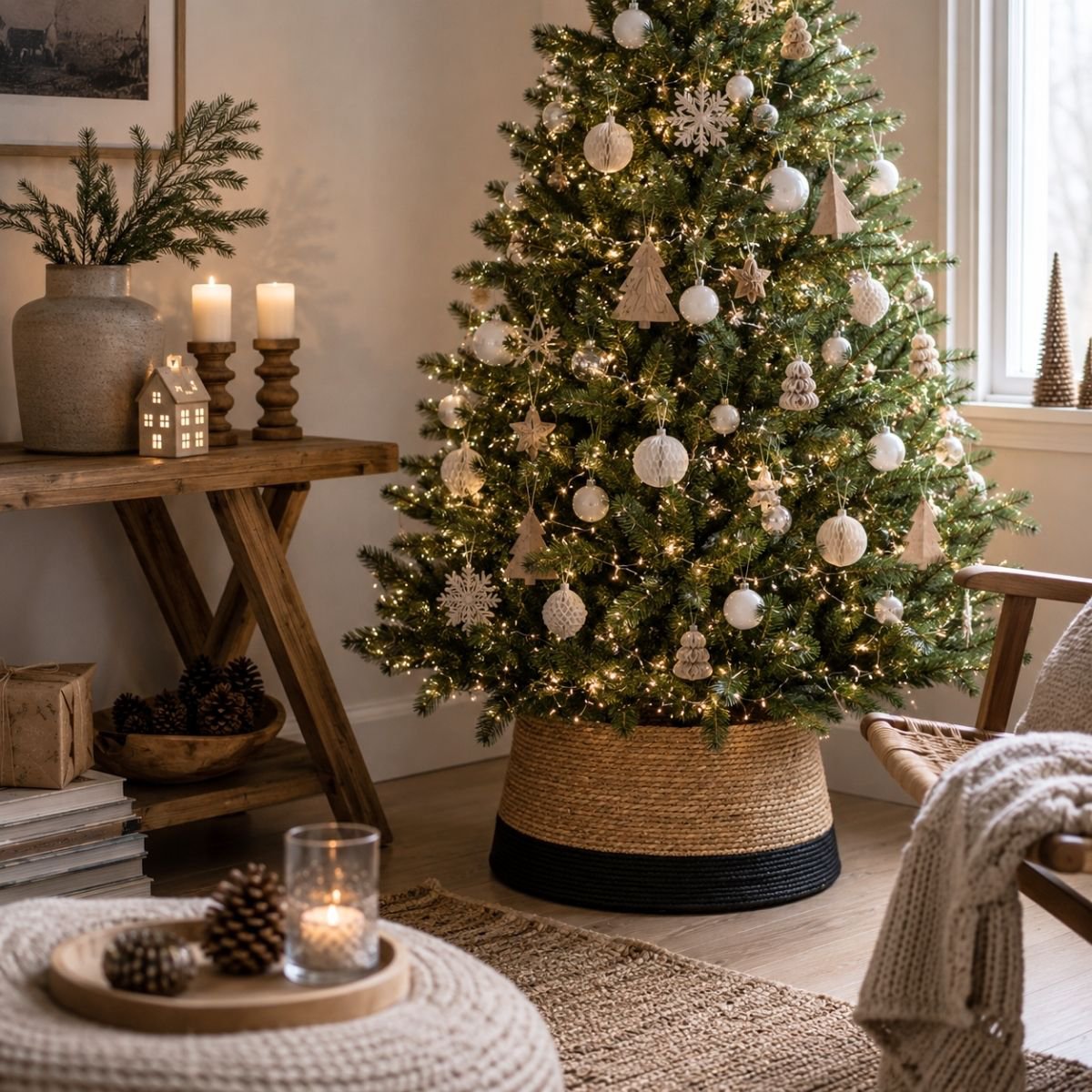 Een beige gedecoreerde kerstboom in de Kerstboomrok zwart en bruin. De woonkamer is voornamelijk in beige en heeft sfeervolle kerstdecoratie.