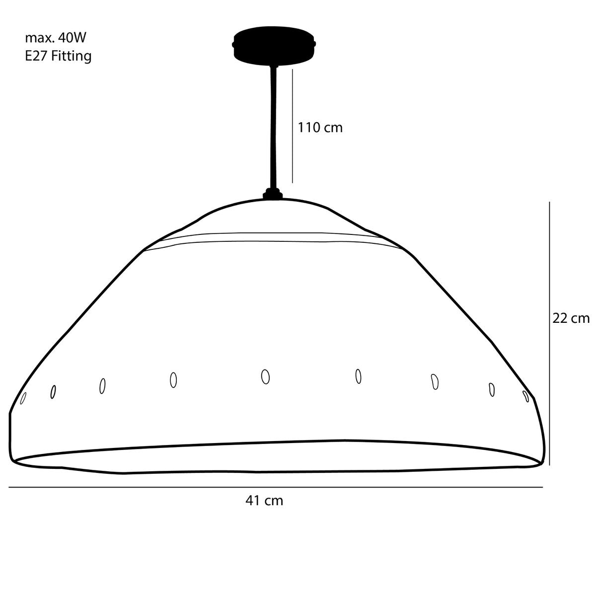 Met een diameter van 41 cm en een hoogte van 22 cm heeft deze lamp het ideale formaat voor boven de eettafel of een gezellige hoek. De E27-fitting is geschikt voor een lamp tot 40W.