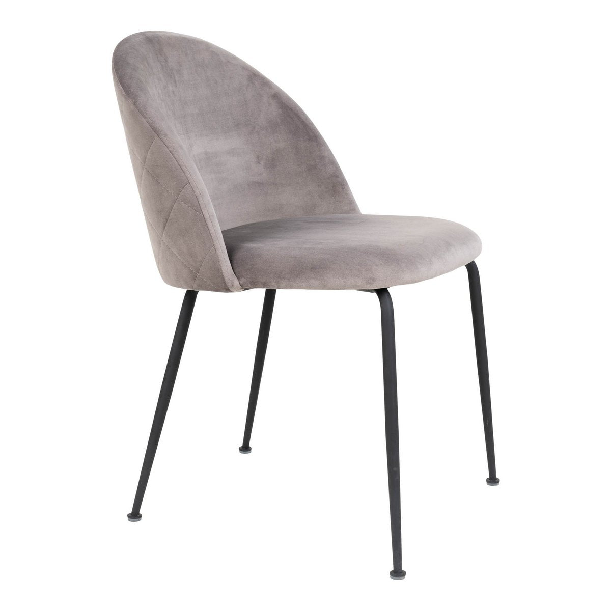 Grijze fluwelen eetkamerstoel met zwarte metalen poten en afgeronde rugleuning. Een elegante en comfortabele stoel die perfect past in een modern interieur met een luxe uitstraling.