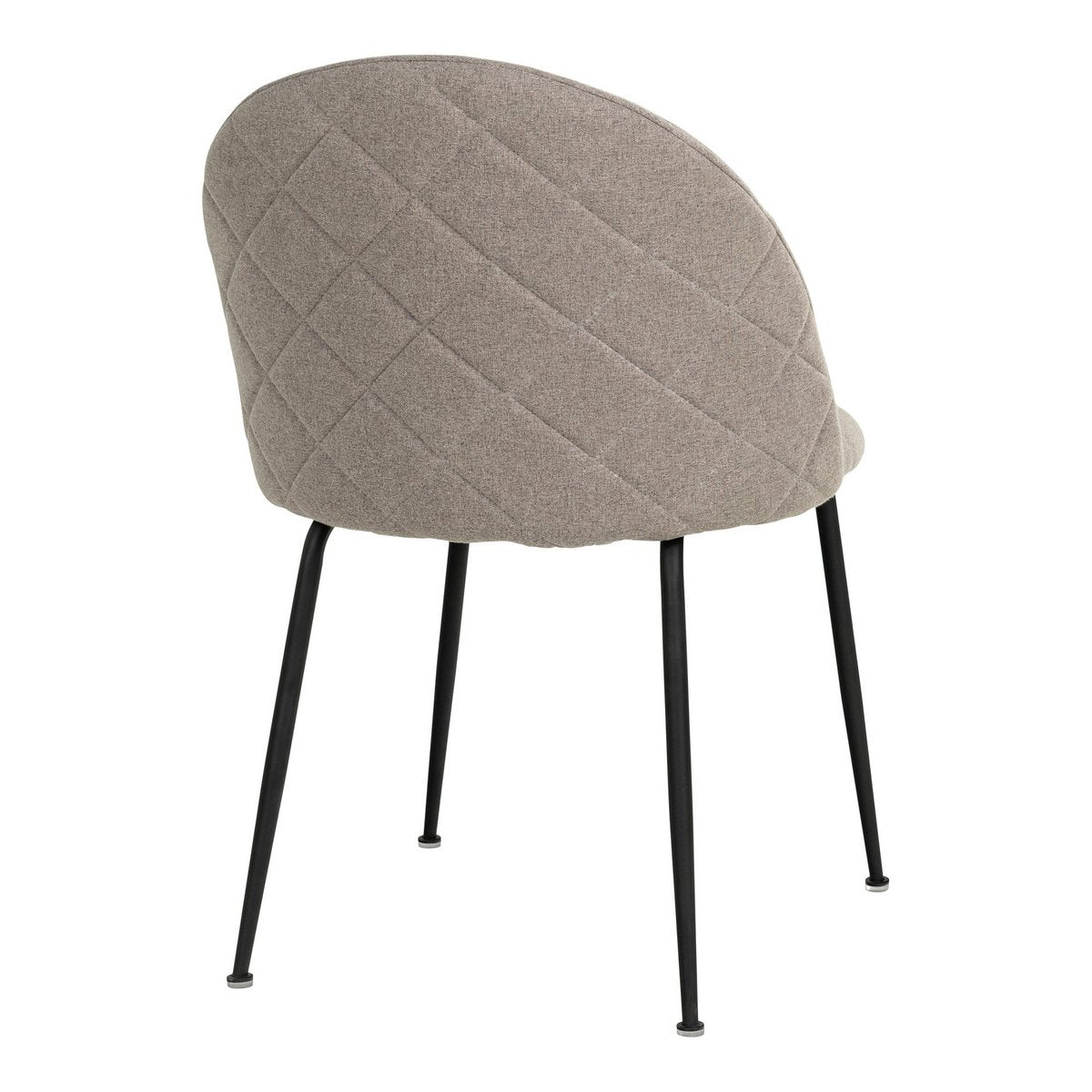 Grijze stoffen eetkamerstoel met zwarte metalen poten en een afgeronde rugleuning. Een moderne en comfortabele stol die perfect past in een eigentijds interieur of stijlvolle eethoek.