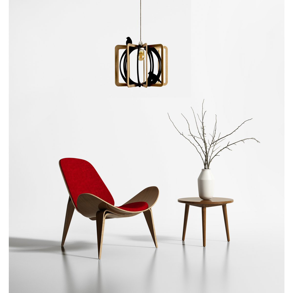 Houten hanglamp van MDF met speelse vogelaccenten en linnen kabel boven een rode stoel en plant. Een origineel design dat natuurlijke materialen combineert met een modern silhouet, perfect voor een sfeervolle woonkamer of eetkamer.
