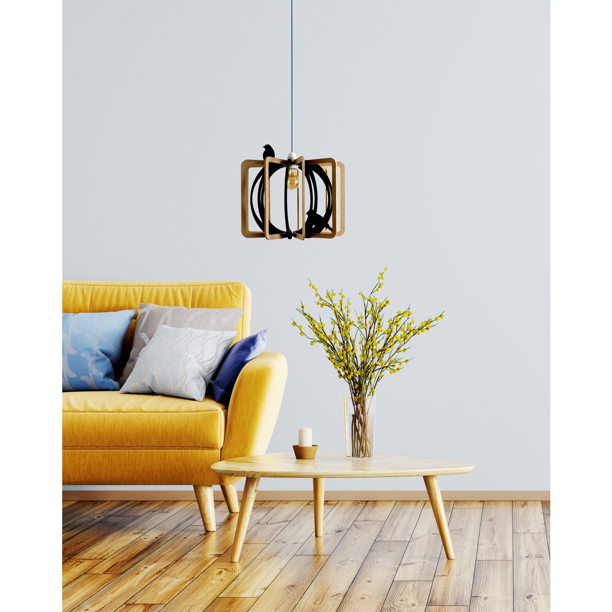 Houten hanglamp van MDF met zwarte details en linnen kabel, hangend boven een modern interieur met gele bank en houten salontafel. Een speels en sfeervol design dat warmte en natuurlijke elegantie toevoegt aan de woonkamer.