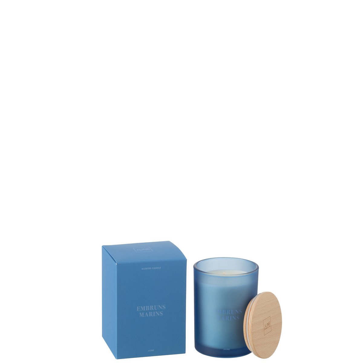 J-Line geurkaars blauw glazen pot zeebries 12,5 cm Accords Essentiels naast de verpakking met deksel eraf