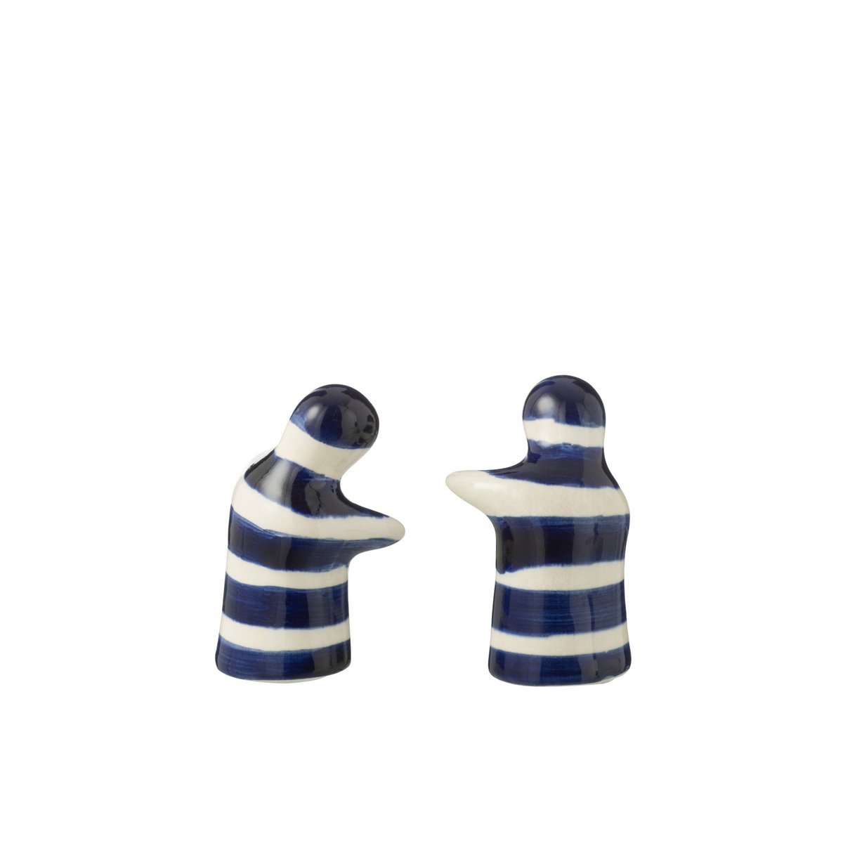 J-Line peper- en zoutstel keramiek wit blauw strepen los van elkaar op wit achtergrond van de achterzijde