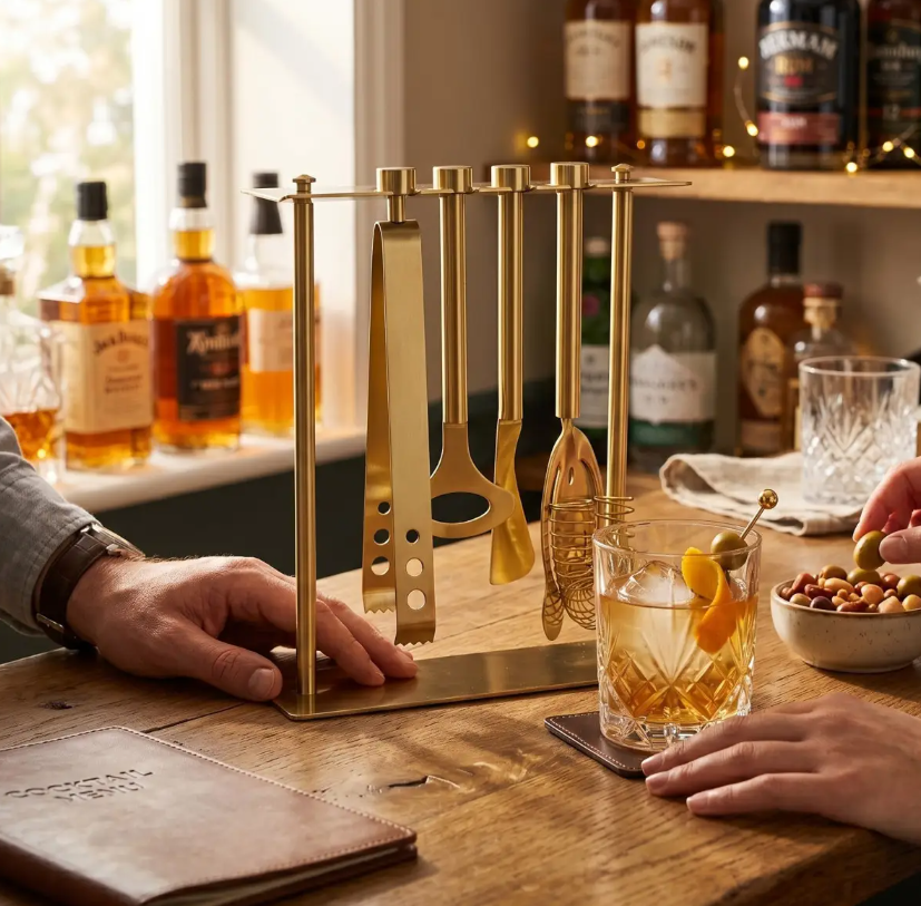 Keukengerei houder goud met keukengerei set 5-delig op een tafel met drankjes en hapjes