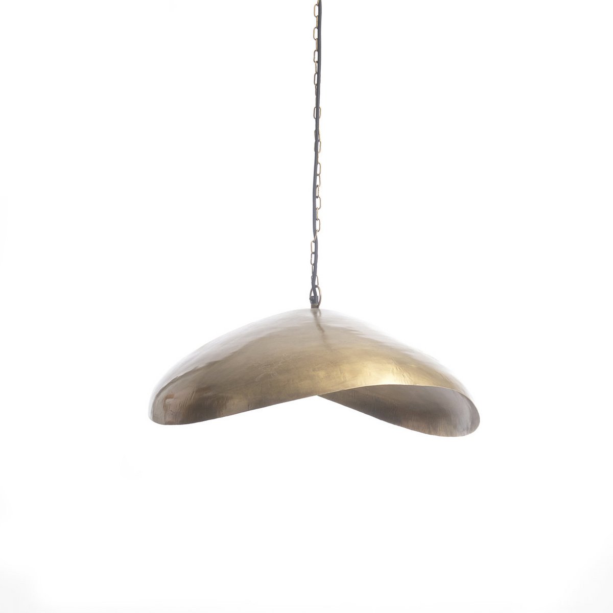 Goudkleurige hanglamp van ijzer met glanzende messing afwerking en organische vorm. Een opvallend designstuk dat warmte en elegantie toevoegt aan elke ruimte, perfect als blikvanger boven de eettafel of in de woonkamer.
