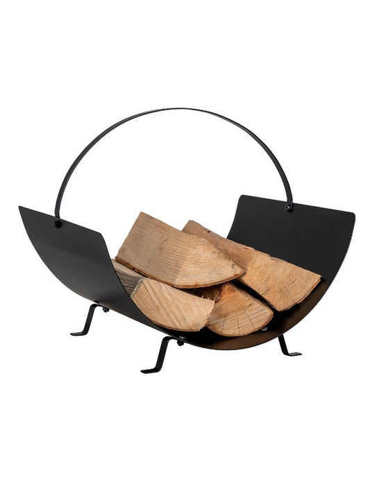 Zwarte metalen houtmand met handvat, gevuld met openhaardhout. Een stoere en moderne houtopslag die perfect past bij een industrieel of landelijk interieur en zorgt voor een stijlvolle uitstraling bij de haard.