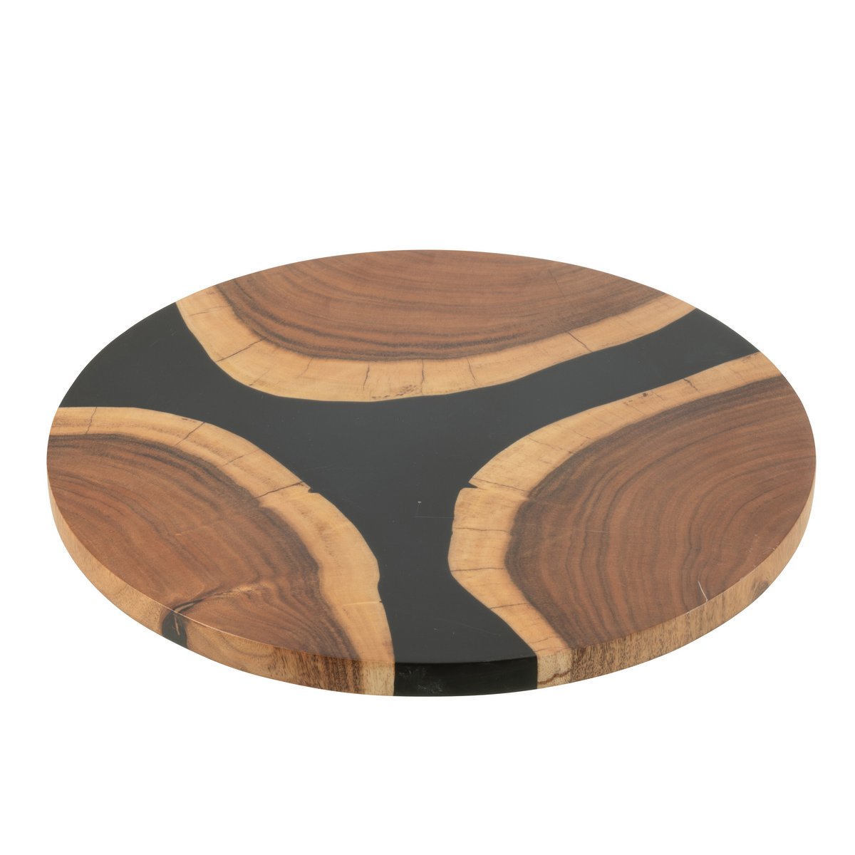 Ronde borrelplank van hout met zwarte epoxyhars, zijaanzicht met zichtbare dikte