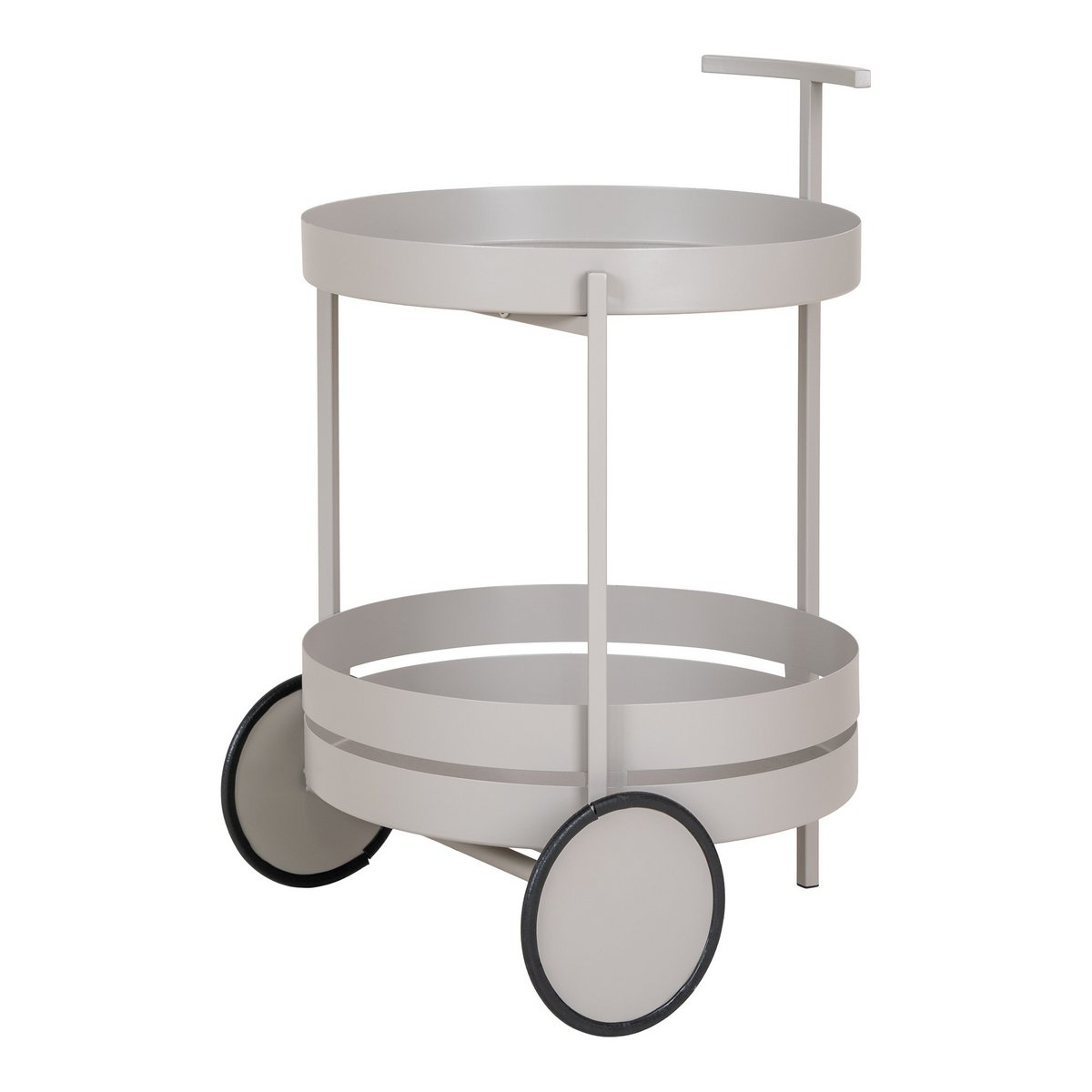 Ronde serveerwagen op wielen in grijs van staal 2 lagen 61 cm op wit achtergrond schuin van de voorkant
