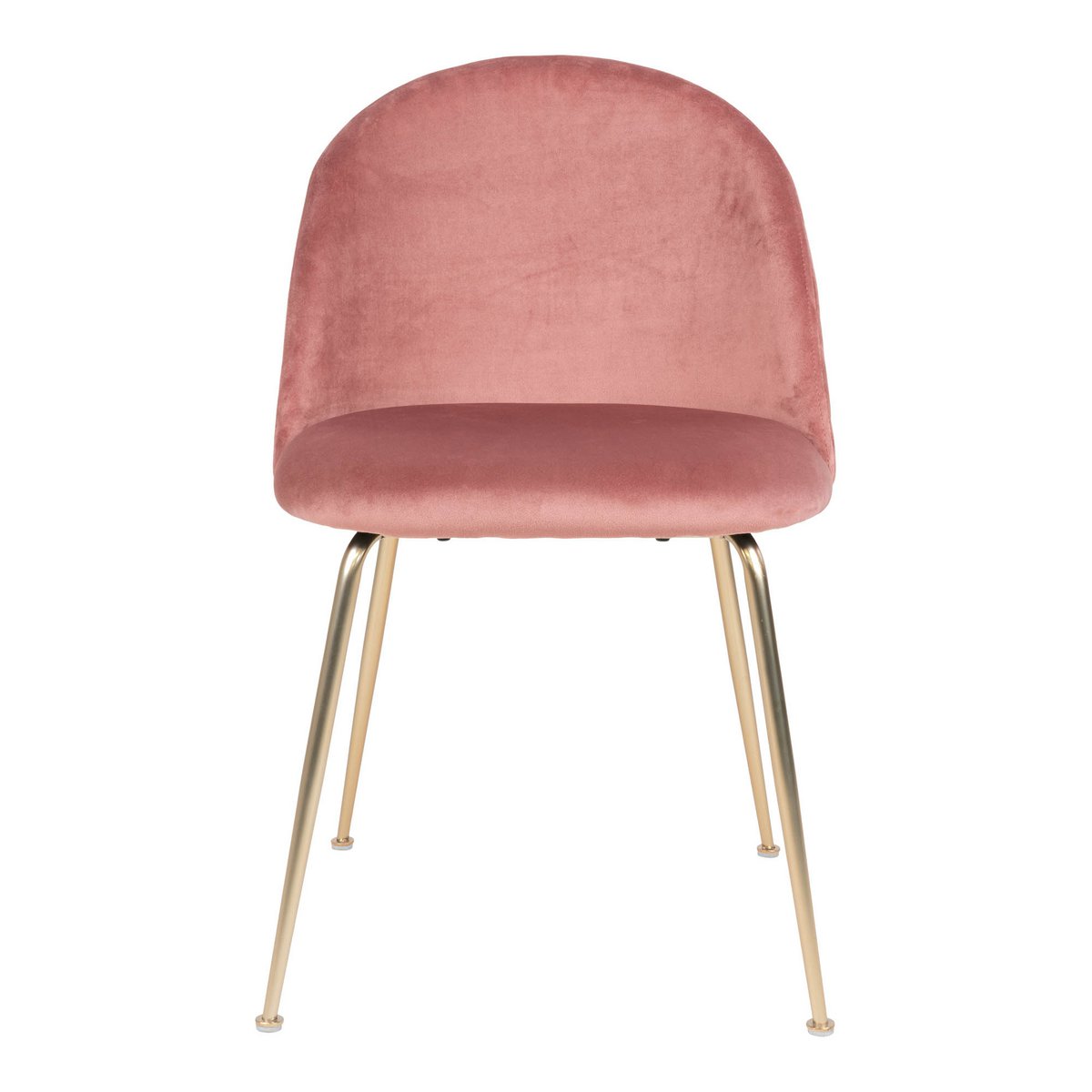 Roze fluwelen eetkamerstoel met goudkleurige metalen poten en een afgeronde rugleuning. Een elegante en comfortabele stoel die luxe en warmte brengt in een modern of chic interieur.
