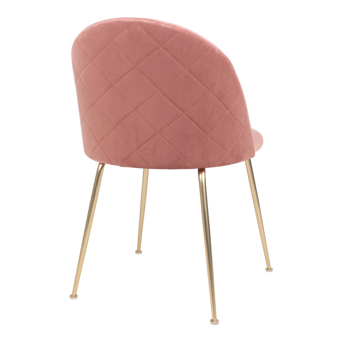 Roze fluwelen eetkamerstoel met goudkleurige metalen poten en een afgeronde rugleuning. Een elegante en comfortabele stoel die luxe en warmte brengt in een modern of chic interieur.