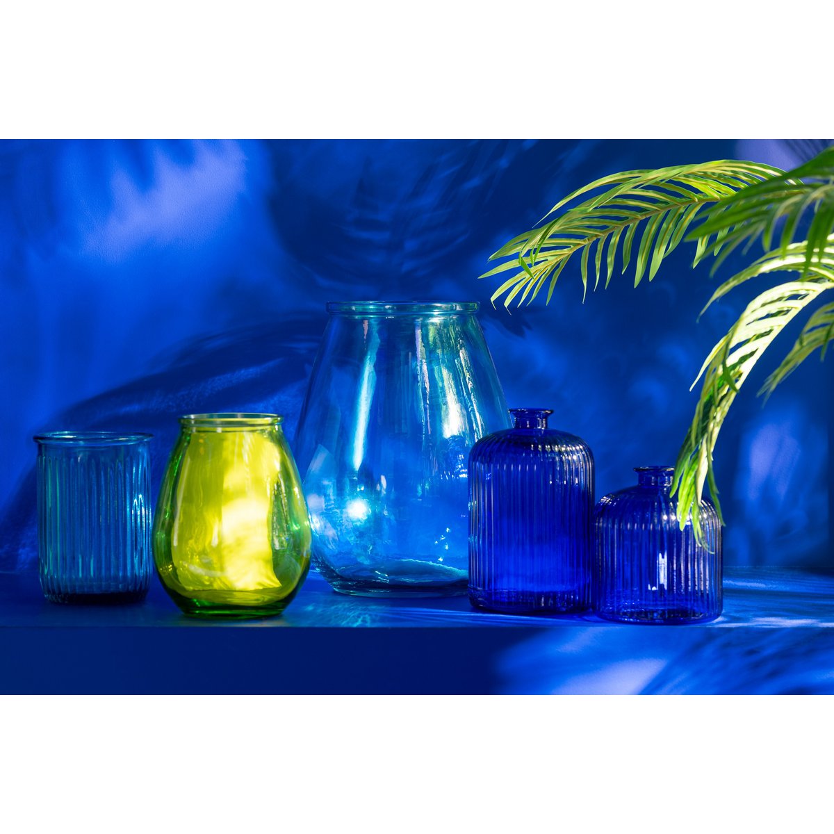 Verschillende vormen en kleuren vazen in een blauw gestylde kamer met plant