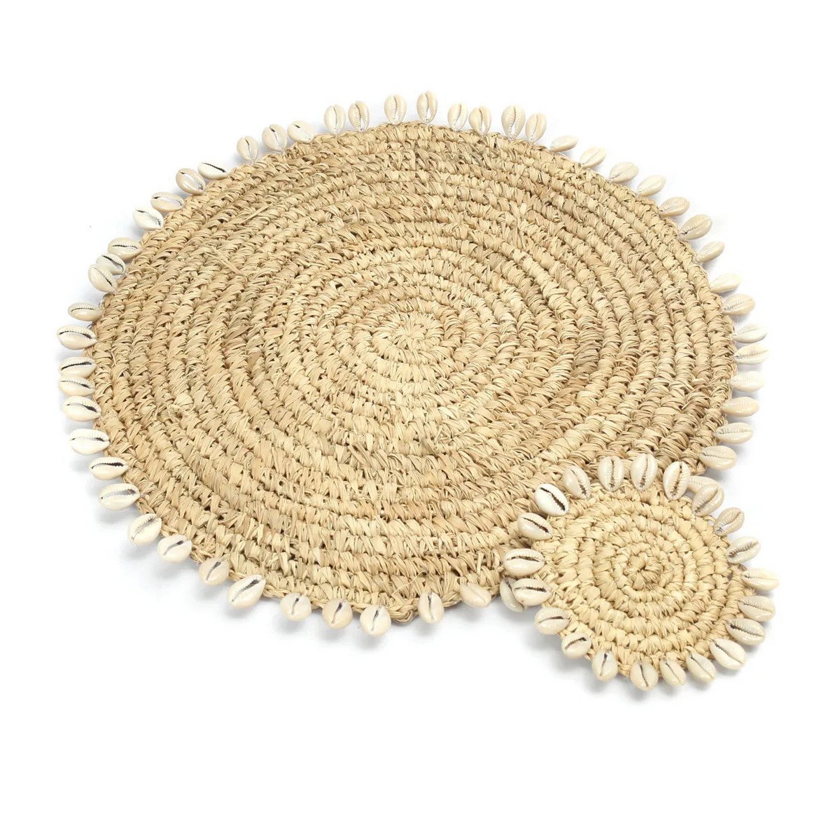 Zeegras placemat met schelpen naturel 38 cm met de bijpassende onderzetter