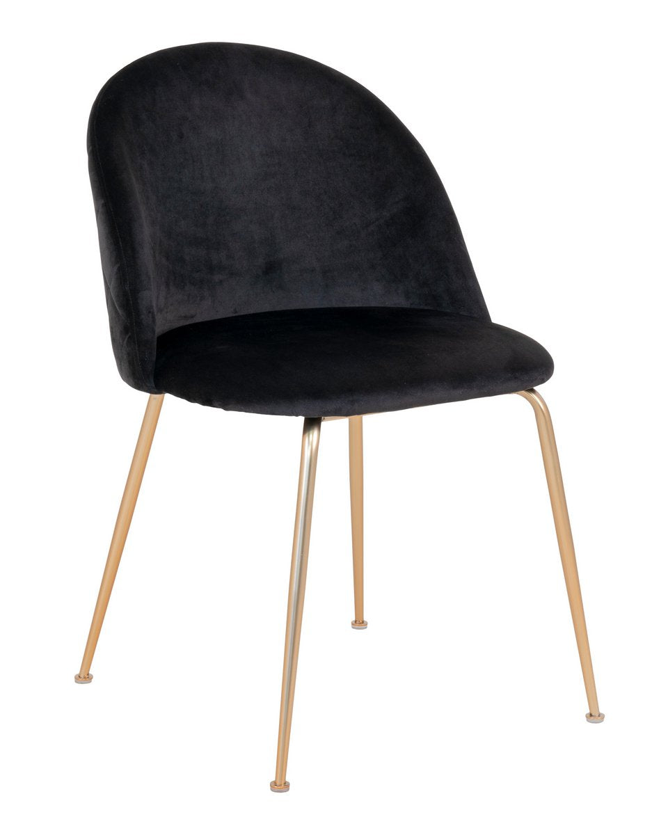 Zwarte fluwelen eetkamerstoel met goudkleurige metalen poten en een afgeronde rugleuning. Een stijlvolle en moderne stoel die luxe en comfort toevoegt aan elke eethoek of woonkamer.