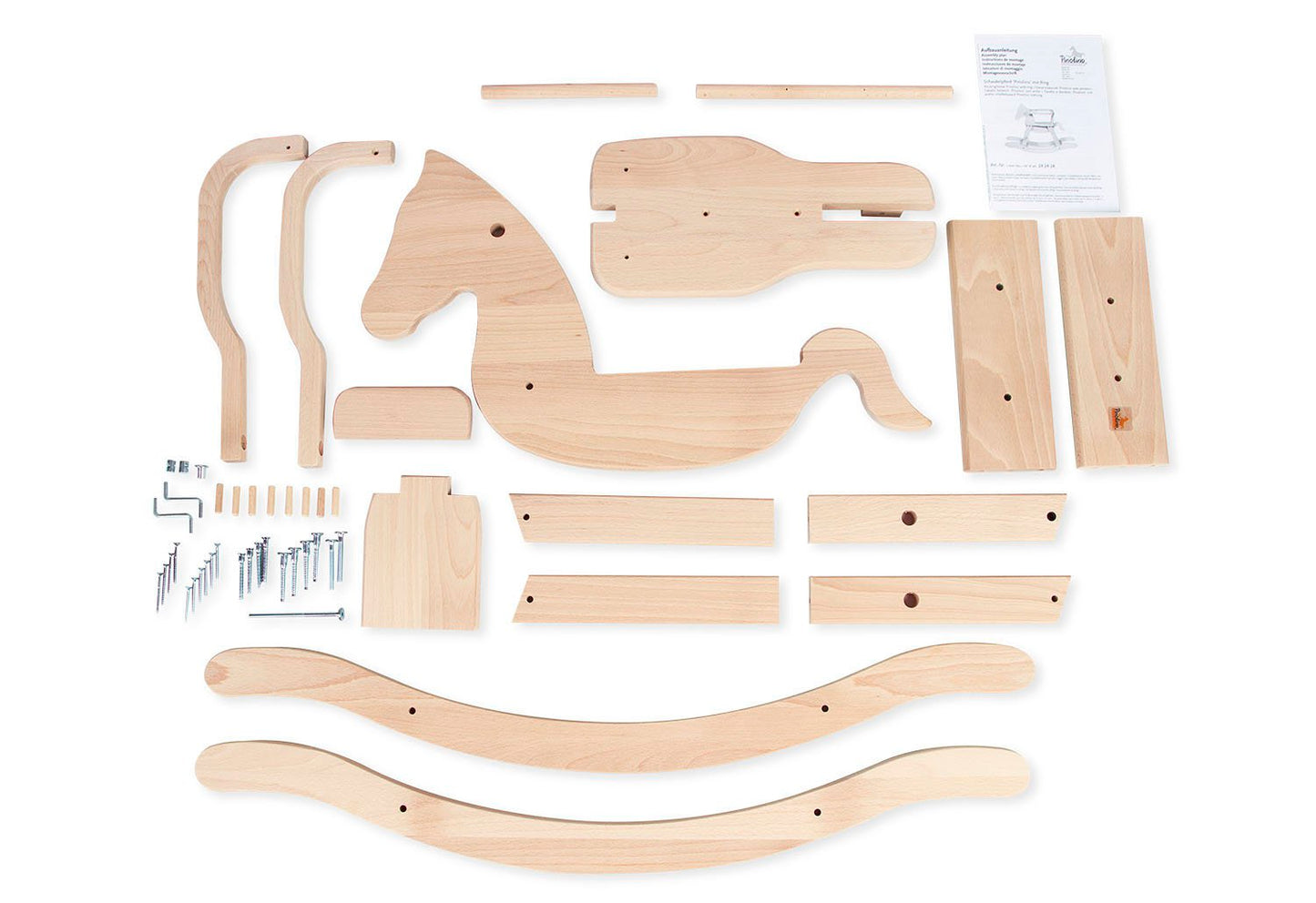 Beige houten hobbelpaard met veiligheidsbeugel, de losse onderdelen, een klassiek en tijdloos speelgoedstuk dat zorgt voor uren speelplezier. Perfect als decoratief accent in de kinderkamer of als duurzaam cadeau voor jonge kinderen.