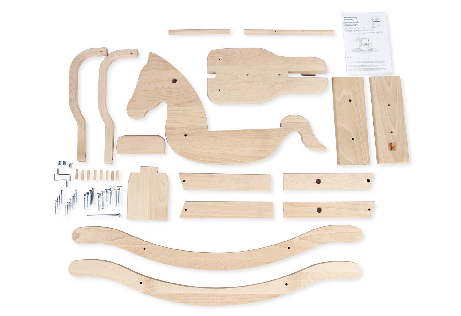 Beige houten hobbelpaard met veiligheidsbeugel, de losse onderdelen, een klassiek en tijdloos speelgoedstuk dat zorgt voor uren speelplezier. Perfect als decoratief accent in de kinderkamer of als duurzaam cadeau voor jonge kinderen.