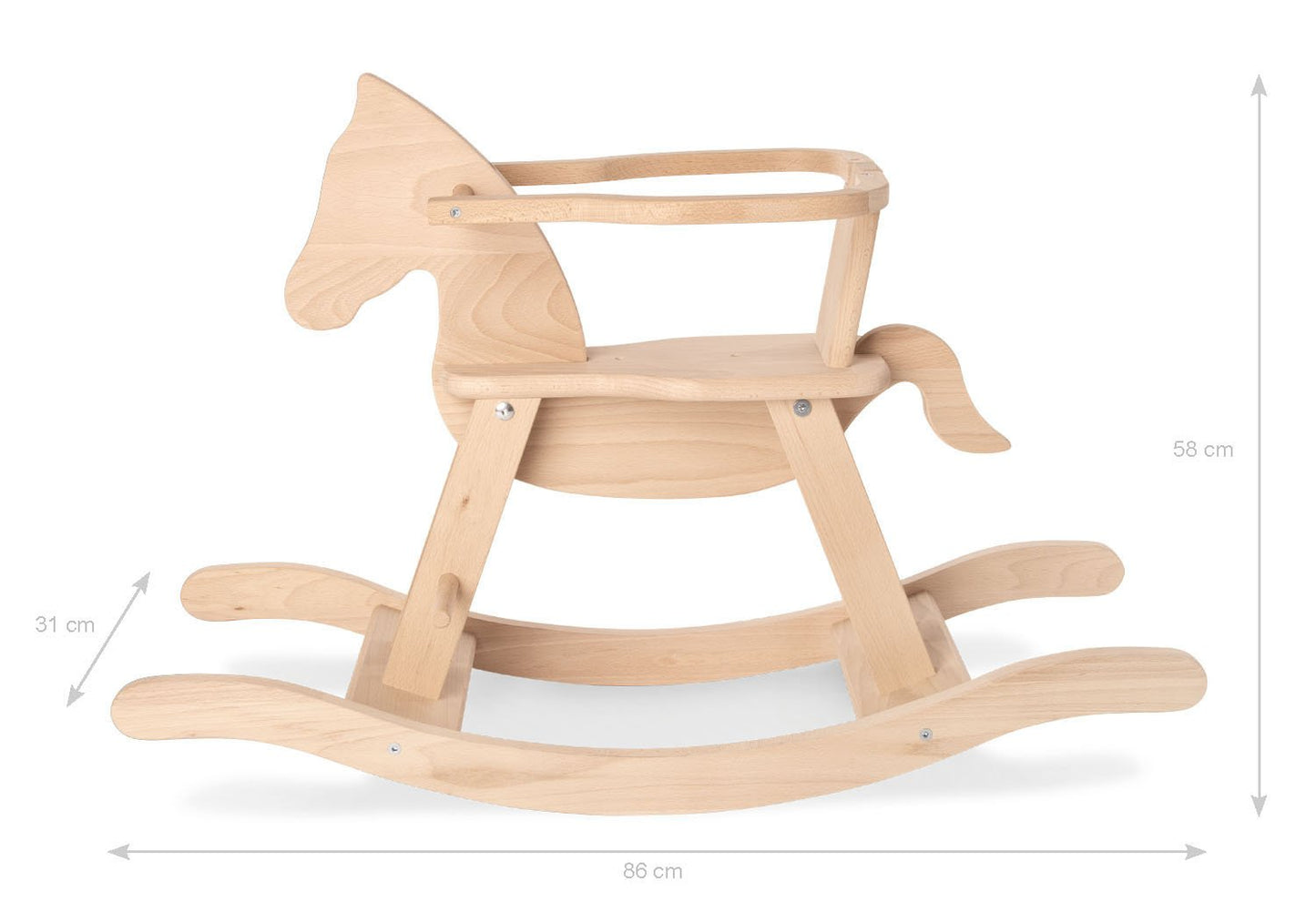 Beige houten hobbelpaard met veiligheidsbeugel met afmetingen, een klassiek en tijdloos speelgoedstuk dat zorgt voor uren speelplezier. Perfect als decoratief accent in de kinderkamer of als duurzaam cadeau voor jonge kinderen.