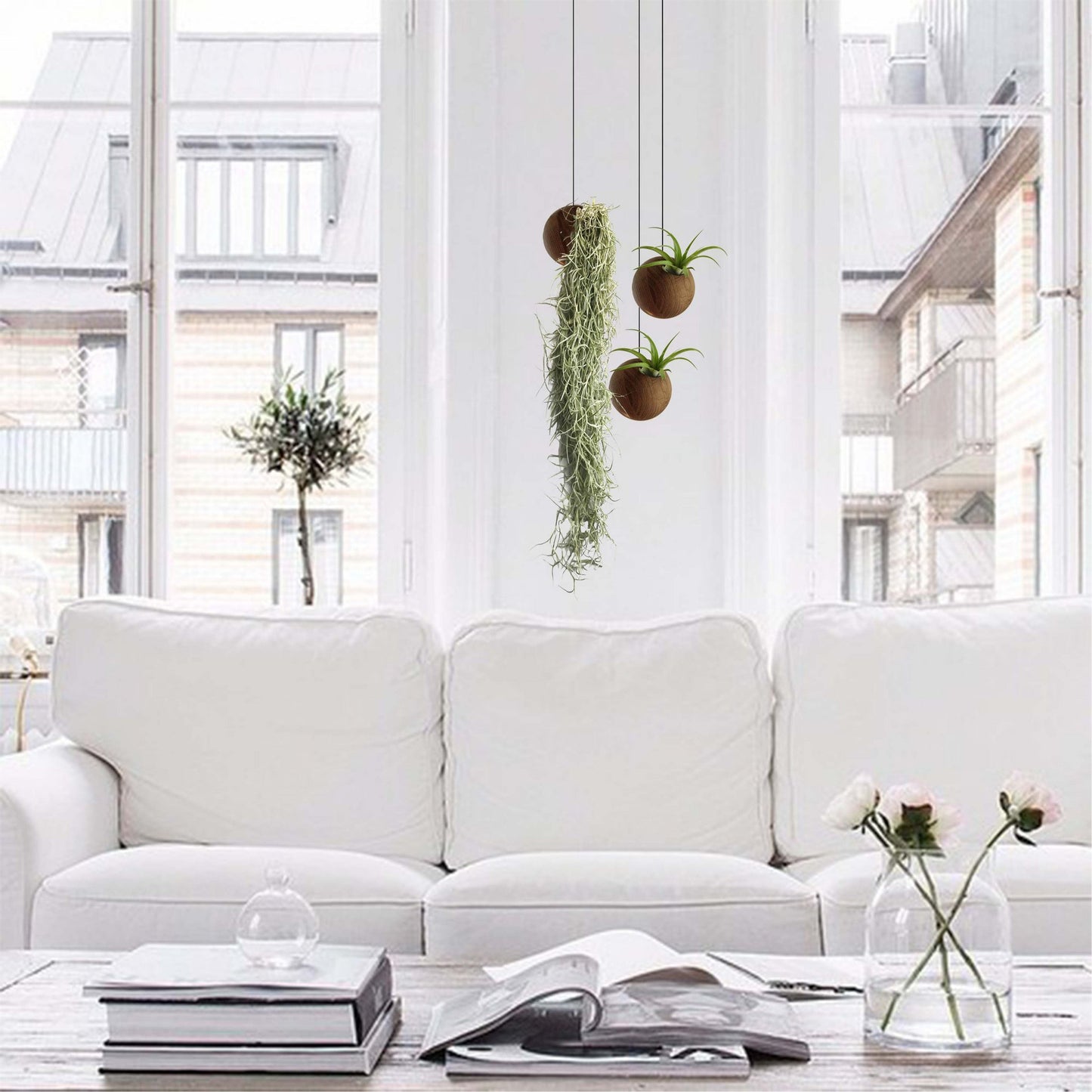 Sfeerfoto hangende donkere plantenbak in witte ruimte met groene planten