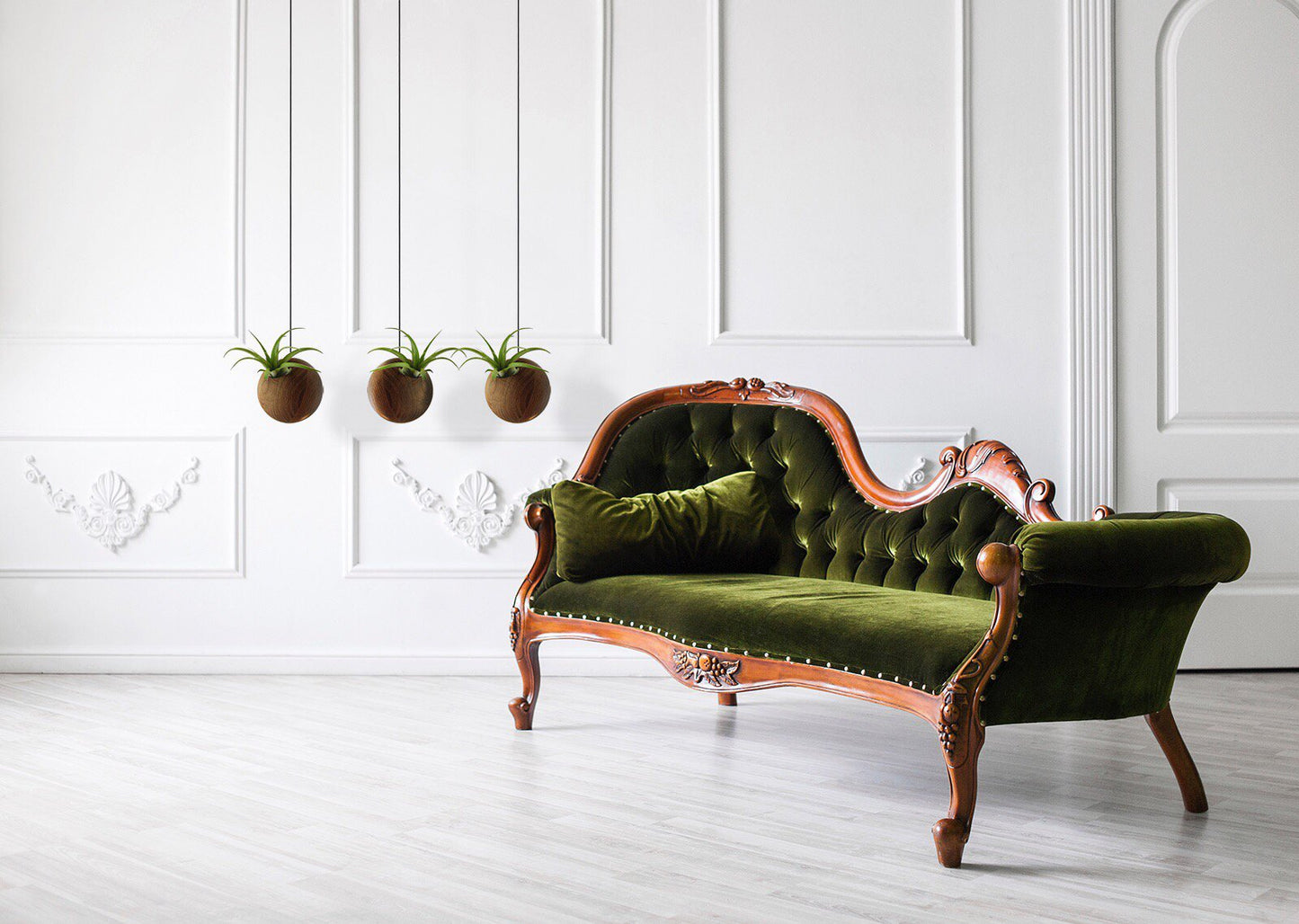 Sfeerfoto hangende donkere plantenbakken met kleine planten