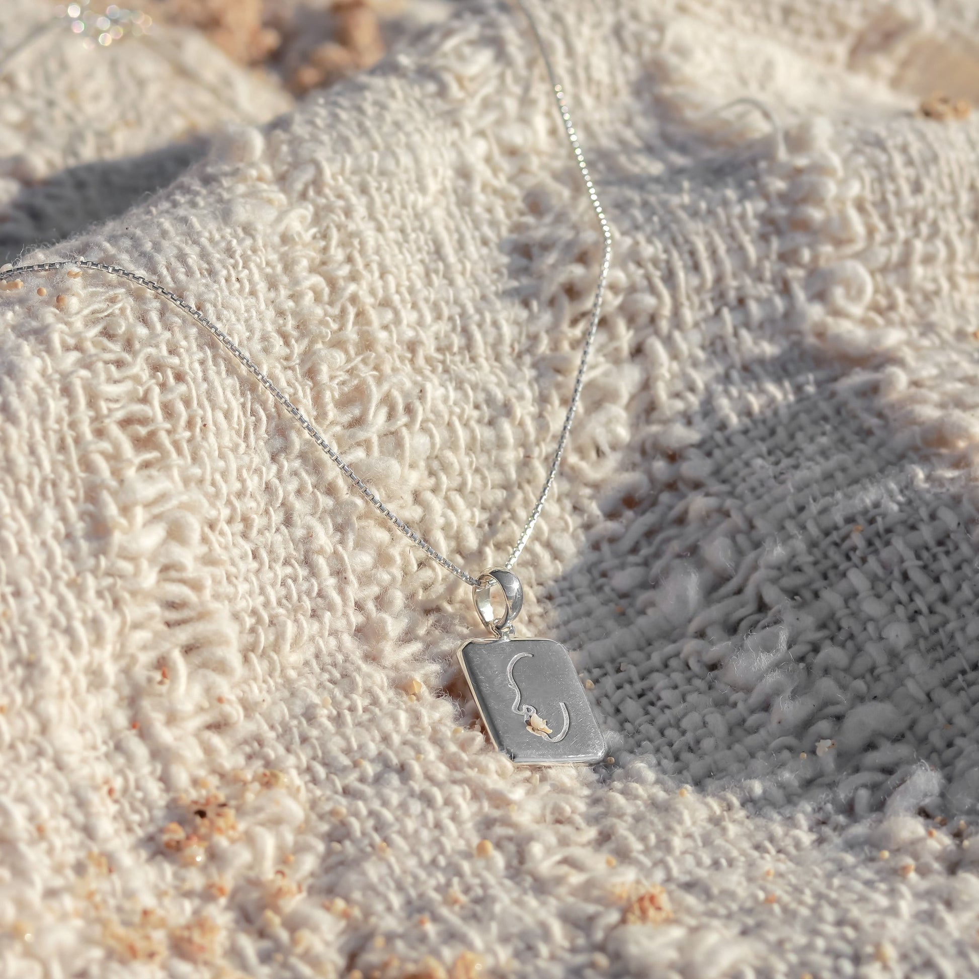 Sfeerfoto zilveren ketting met hanger op dekentje