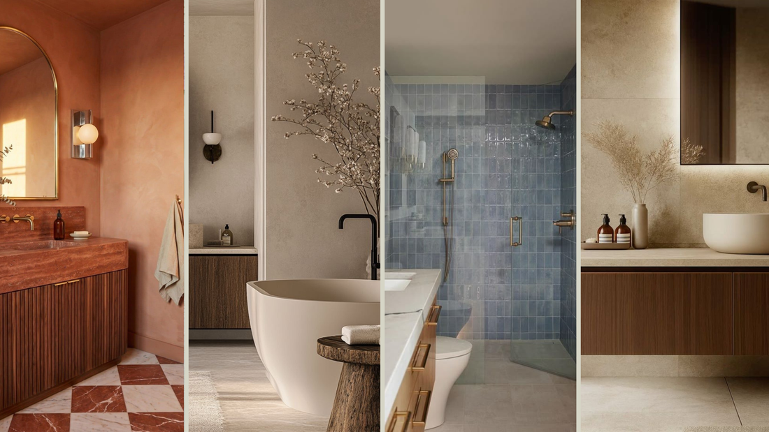 Badkamers met houten badkamermeubel, blauwe tegels, ronde spiegel en zachte verlichting, rustige badkamer inspiratie met natuurlijke materialen en interieur styling van Luben.