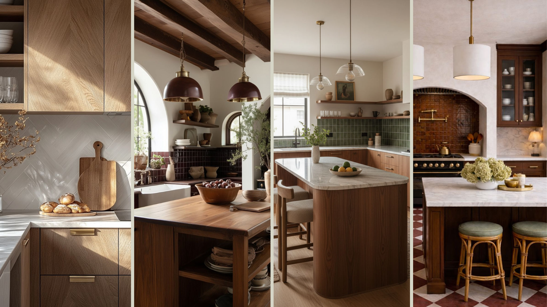 Vier keukens met houten kasten, marmeren werkbladen en hanglampen boven kookeiland, warme wooninspiratie met natuurlijke materialen en verlichting voor een stijlvol interieur van Luben.