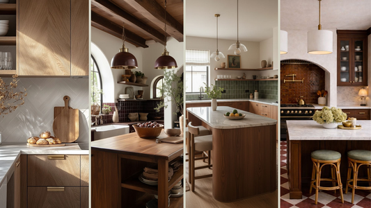 Vier keukens met houten kasten, marmeren werkbladen en hanglampen boven kookeiland, warme wooninspiratie met natuurlijke materialen en verlichting voor een stijlvol interieur van Luben.