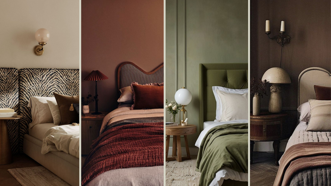 Vier slaapkamers met warme kleuren, stoffen hoofdborden, houten nachtkastjes en sfeervolle lampen, inspiratie voor slaapkamer styling en verlichting in een gezellig interieur van Luben.