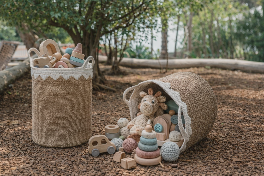 Zeegras mand om speelgoed op te bergen met houten speelgoed en knuffels in een natuurlijke setting