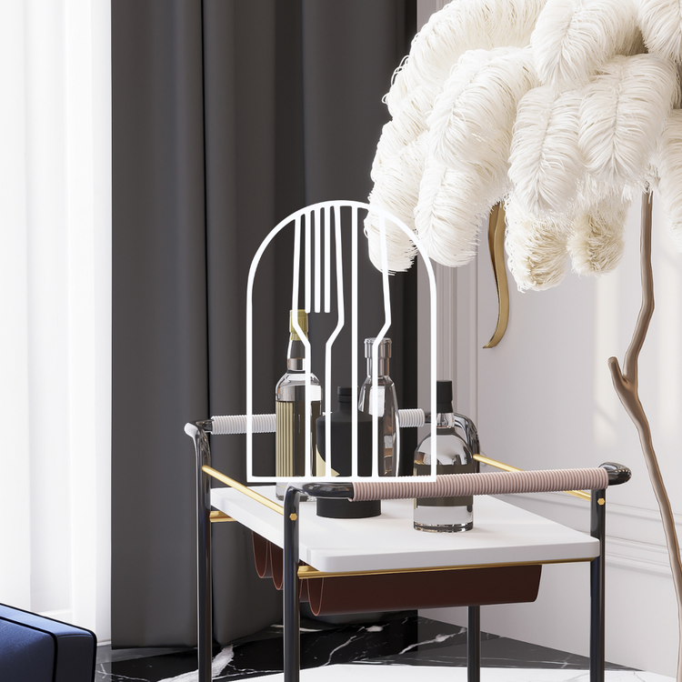 Afbeelding voor de collectie Serveerwagens & Barkarren. Op de foto zie je een luxe serveerwagen, gestyled in een modern interieur.