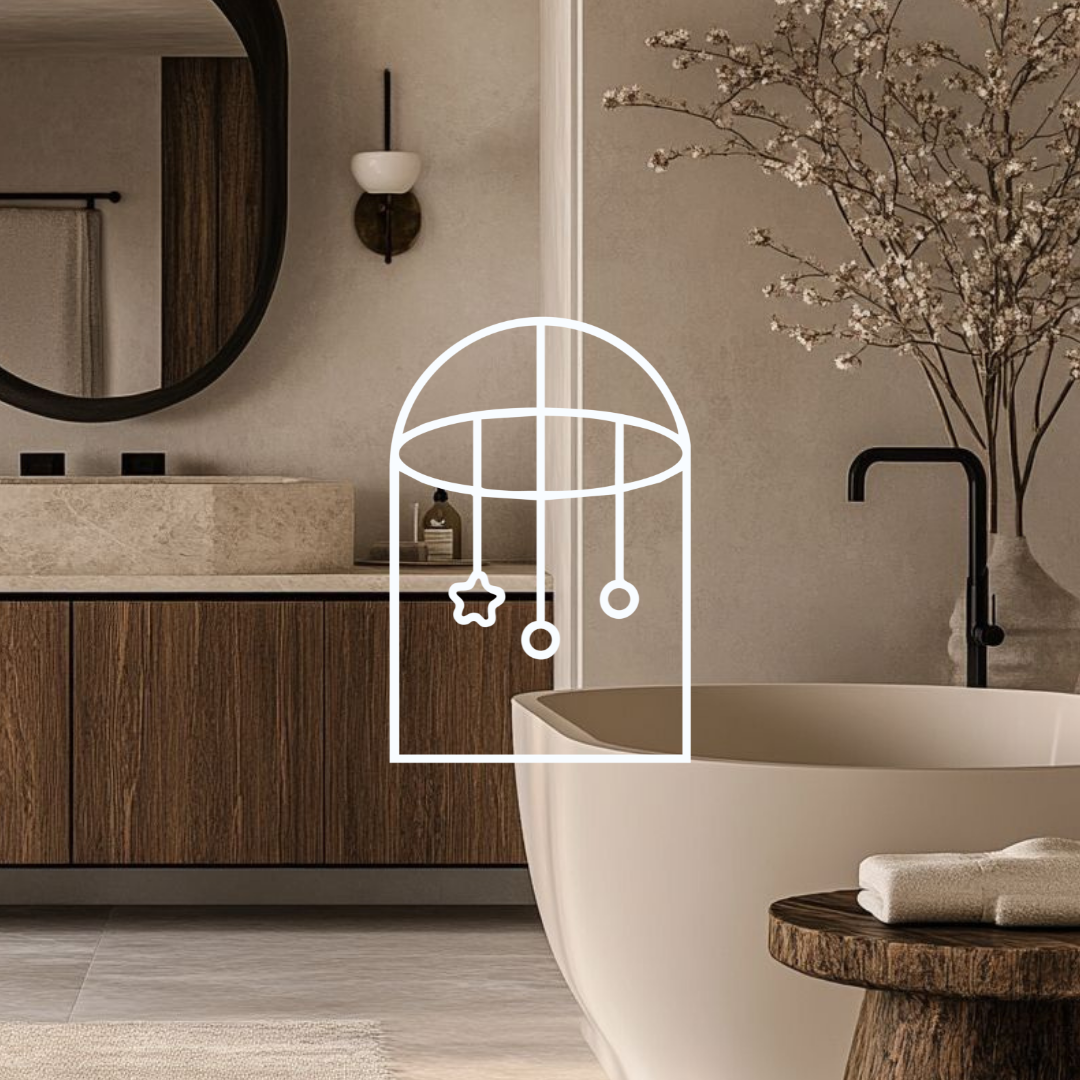 Afbeelding voor de collectie Toilet & Badkamer. Op de afbeelding zie je een luxe japandi badkamer, gestyled met hout en marmer.