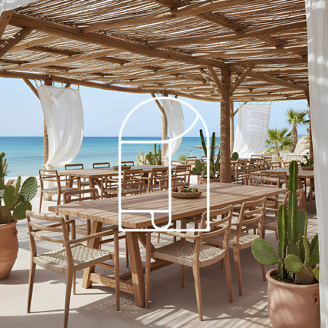 Afbeelding voor de collectie Tuinmeubelen. Op de foto zie je een buiten terras met boho stoelen en tafels. Op de achtergrond is het strand..