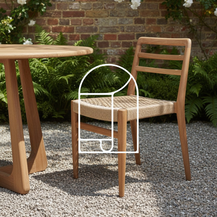 Foto voor de collectie Tuinstoelen. Op de foto zie je een houten stoel naast een houten tafel in een knusse tuin.