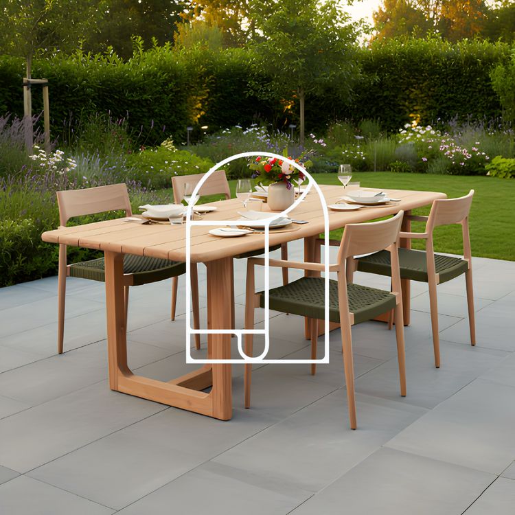 Foto voor de collectie afbeelding Tuintafels. Op de foto zie je een gedekte tafel in een achtertuin.