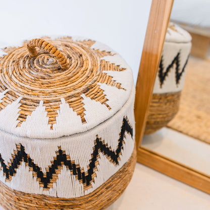 Mand met deksel wit en naturel Palem