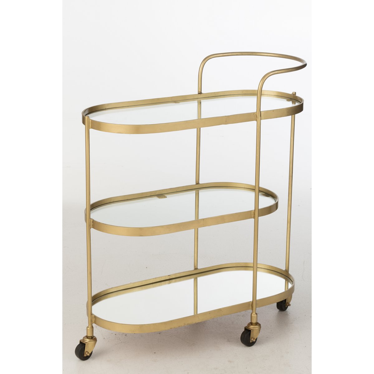 J-Line serveerwagen goud ovaal met spiegelbladen en wieltjes in witte kamer, bar cart zijaanzicht