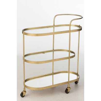 J-Line serveerwagen goud ovaal met spiegelbladen en wieltjes in witte kamer, bar cart zijaanzicht
