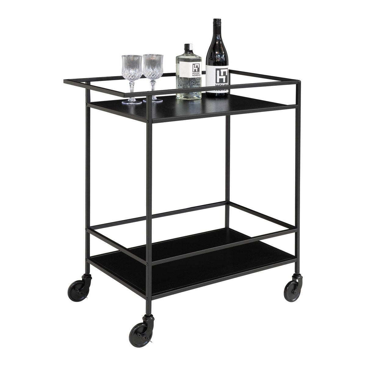Bar cart staal zwart met twee planken en zwenkwielen, serveerwagen op wielen vooraanzicht met glazen en flessen