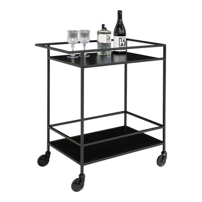 Bar cart staal zwart met twee planken en zwenkwielen, serveerwagen op wielen vooraanzicht met glazen en flessen