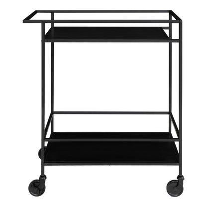 Bar cart zwart staal achteraanzicht, trolley op wielen met twee planken 