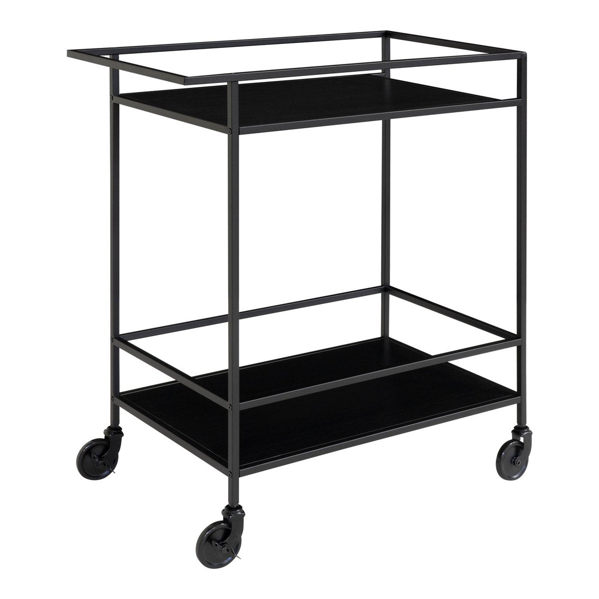 Bar cart zwart staal vooraanzicht leeg, keuken trolley met twee planken op wielen