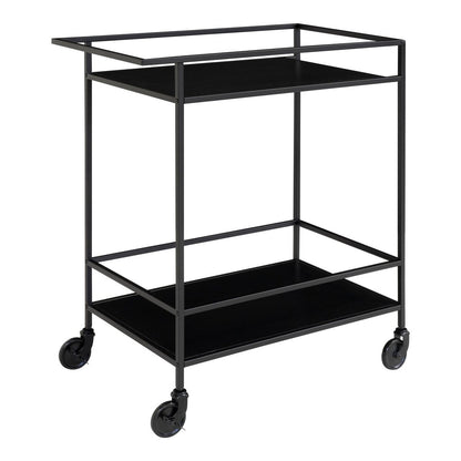 Bar cart zwart staal vooraanzicht leeg, keuken trolley met twee planken op wielen