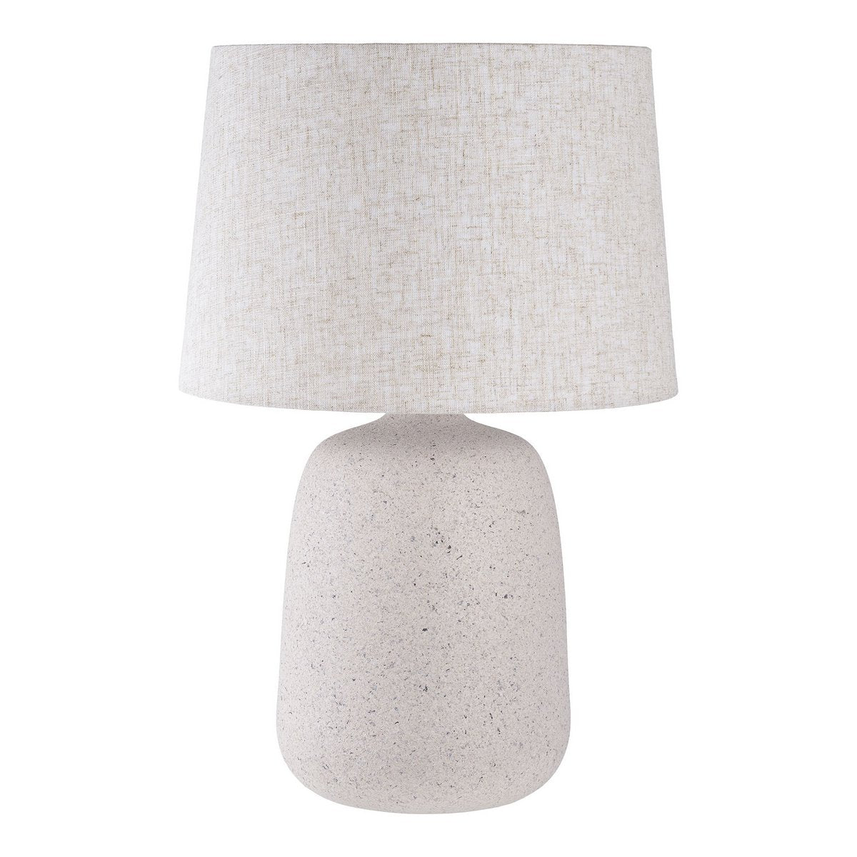 Beige keramische tafellamp met linnen kap op witte achtergrond
