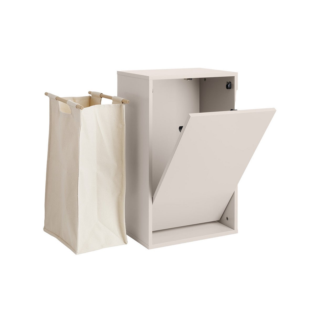 Wand-wasbox met geopende voorklep en zichtbare textielzak