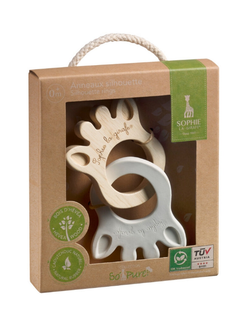 Set van twee Sophie la Girafe bijtringen in natuurlijke rubber- en houtcombinatie in cadeauverpakking.